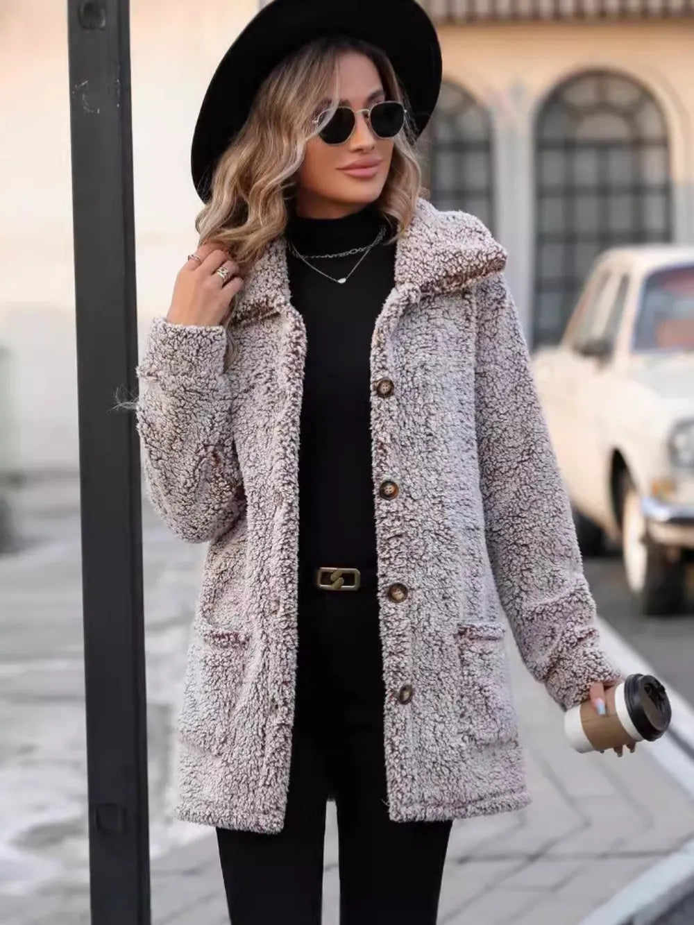 Pocketed Collared Neck Long Sleeve Plush Jacket - Lilixa.store