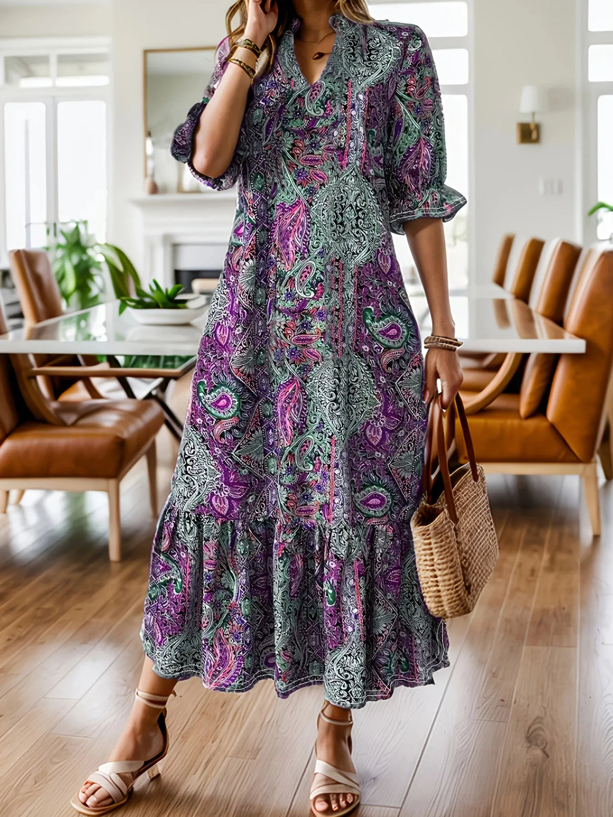 Full Size Bohemian Paisley Print Ruffle Hem Midi Dress Plus Size - Lilixa.store