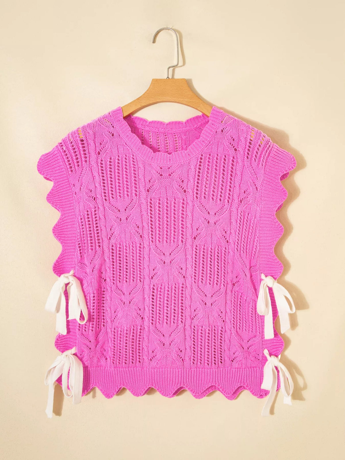 Side Tie Openwork Round Neck Sweater Vest in Fuchsia Pink, view 8