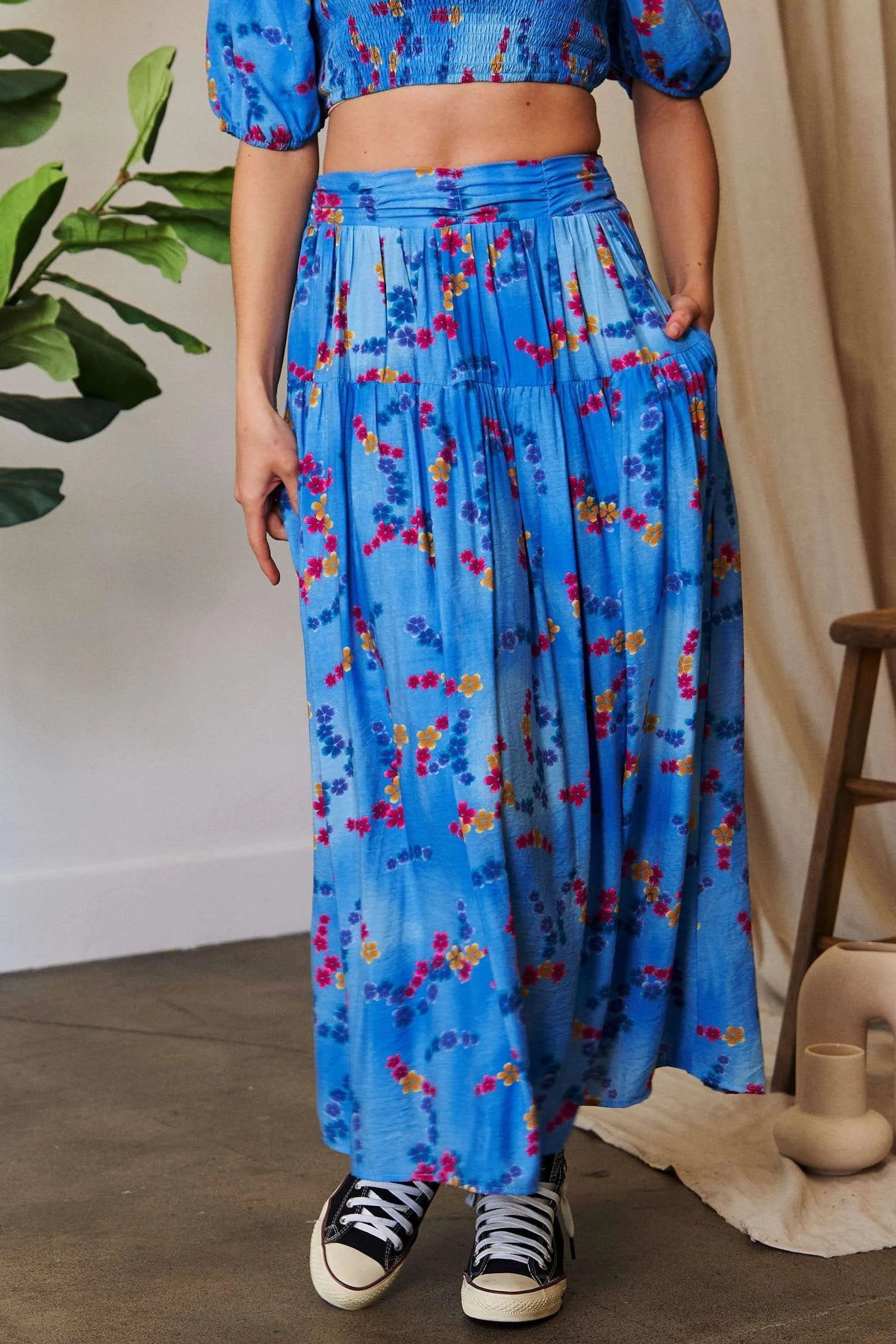 Davi & Dani Printed Smocking Waistband Ruffled Maxi Skirt - Lilixa.store