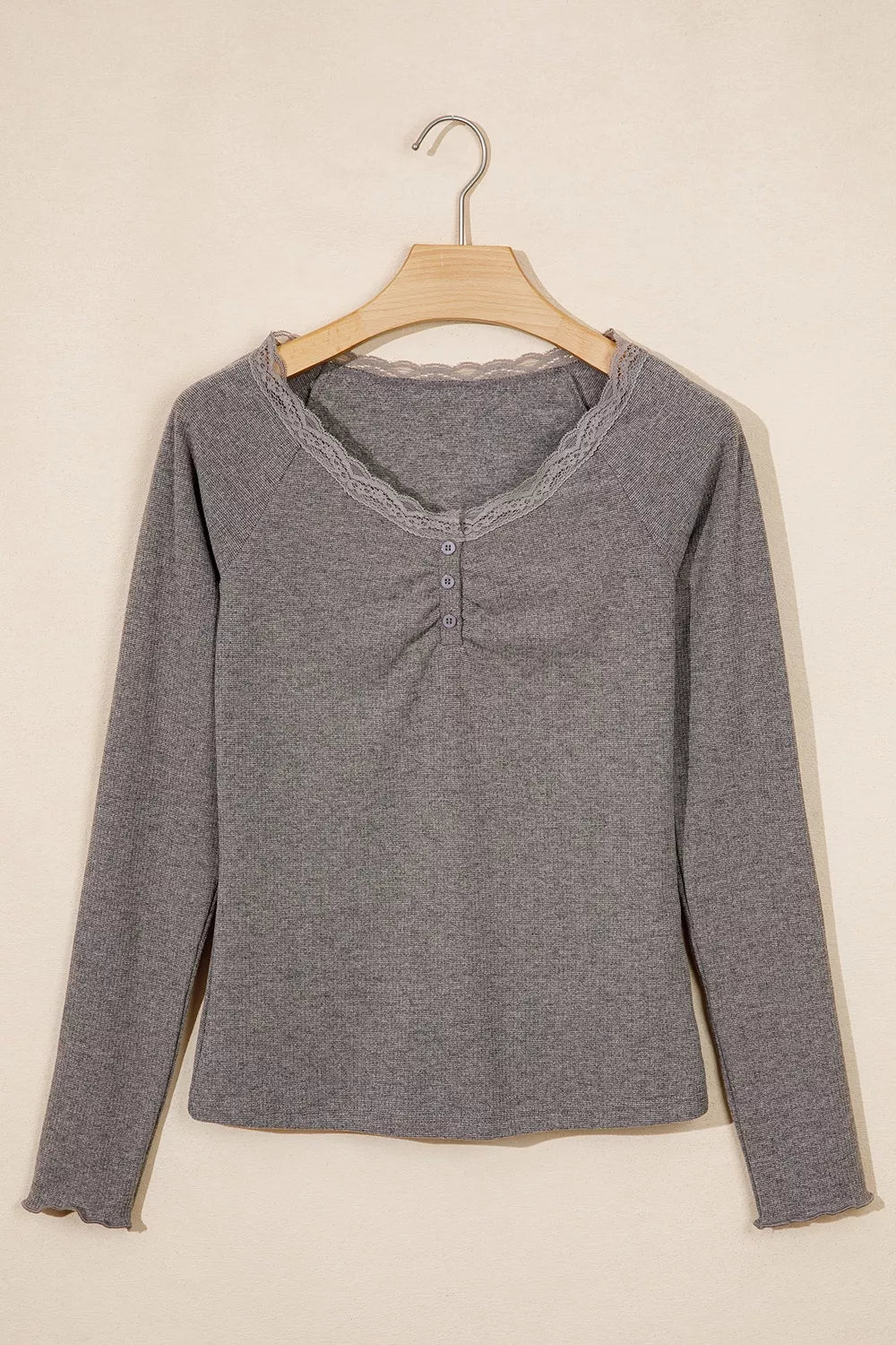 Solid Color Ribbed Lace Trim V-Neck Button Detail Long Sleeve Top