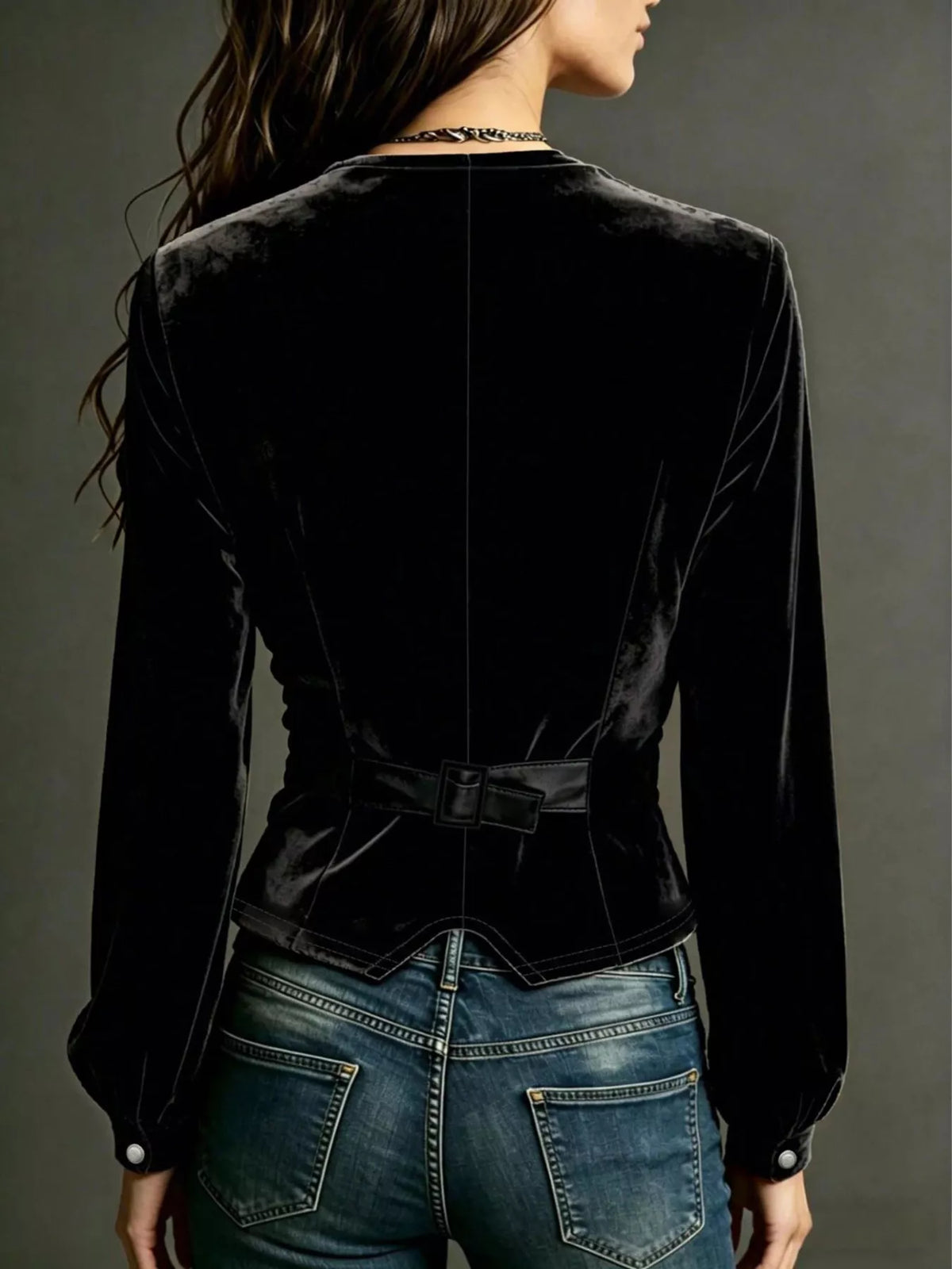 Button Down Plunge Velvet Shirt, view 11