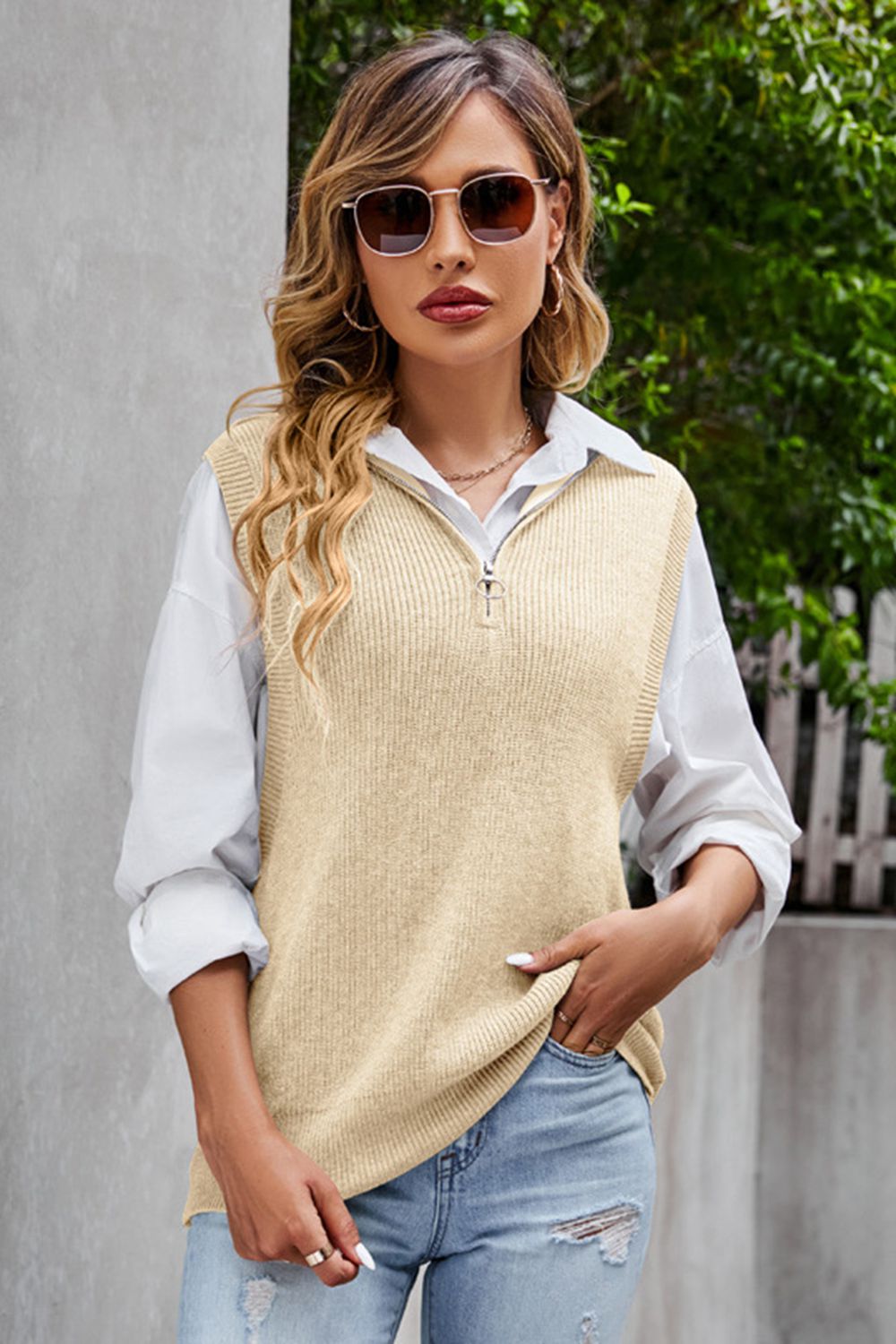 Quarter-Zip Ribbed Sweater Vest in Tan