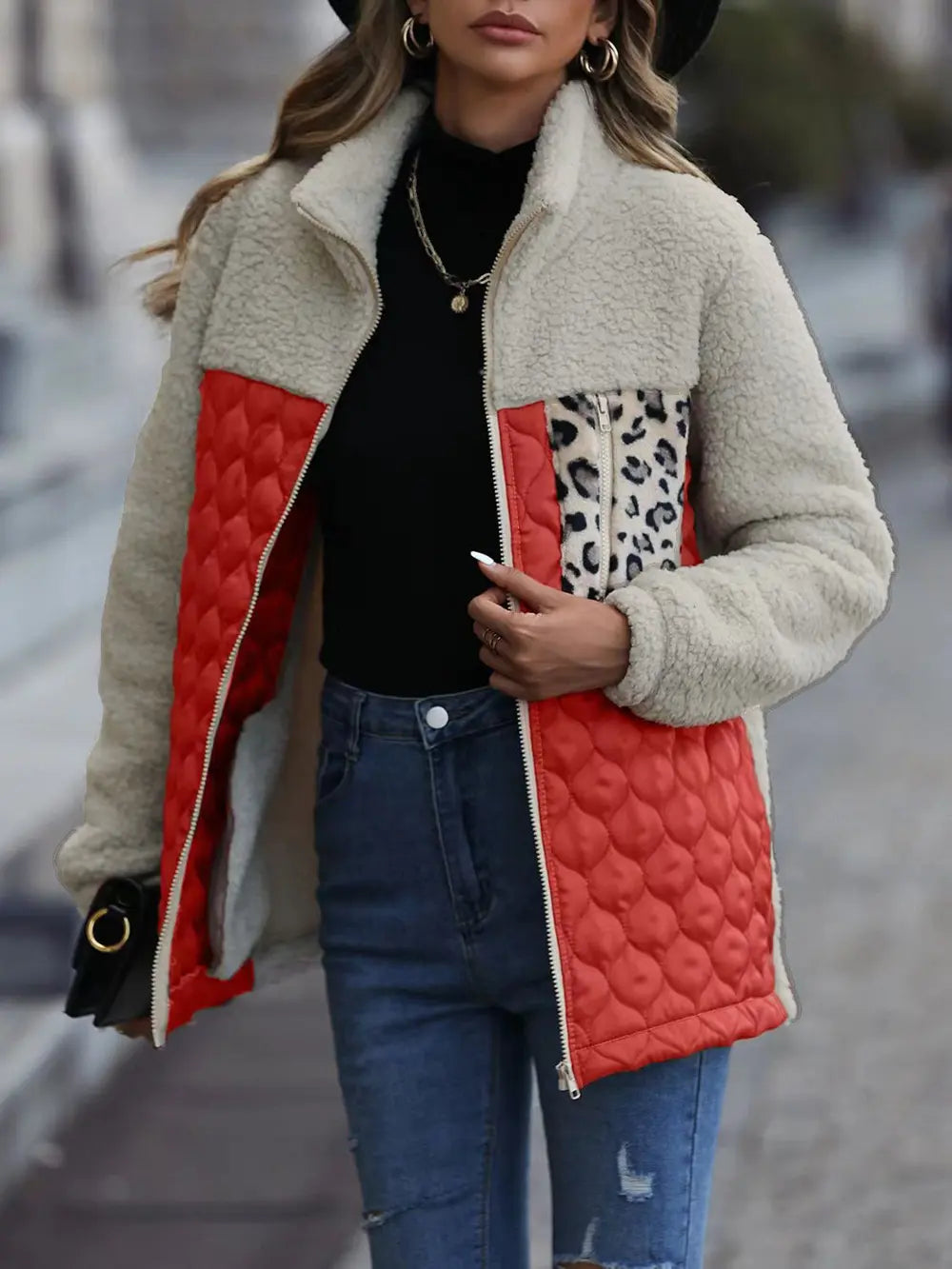 Leopard Color Block Zip-Up Jacket in Orange-Red