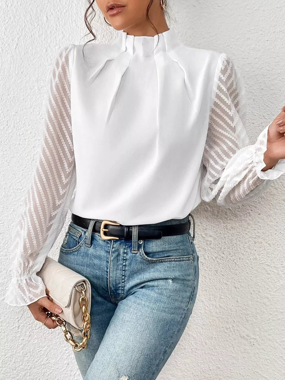 Mock Neck Flounce Sleeve Blouse - Lilixa.store
