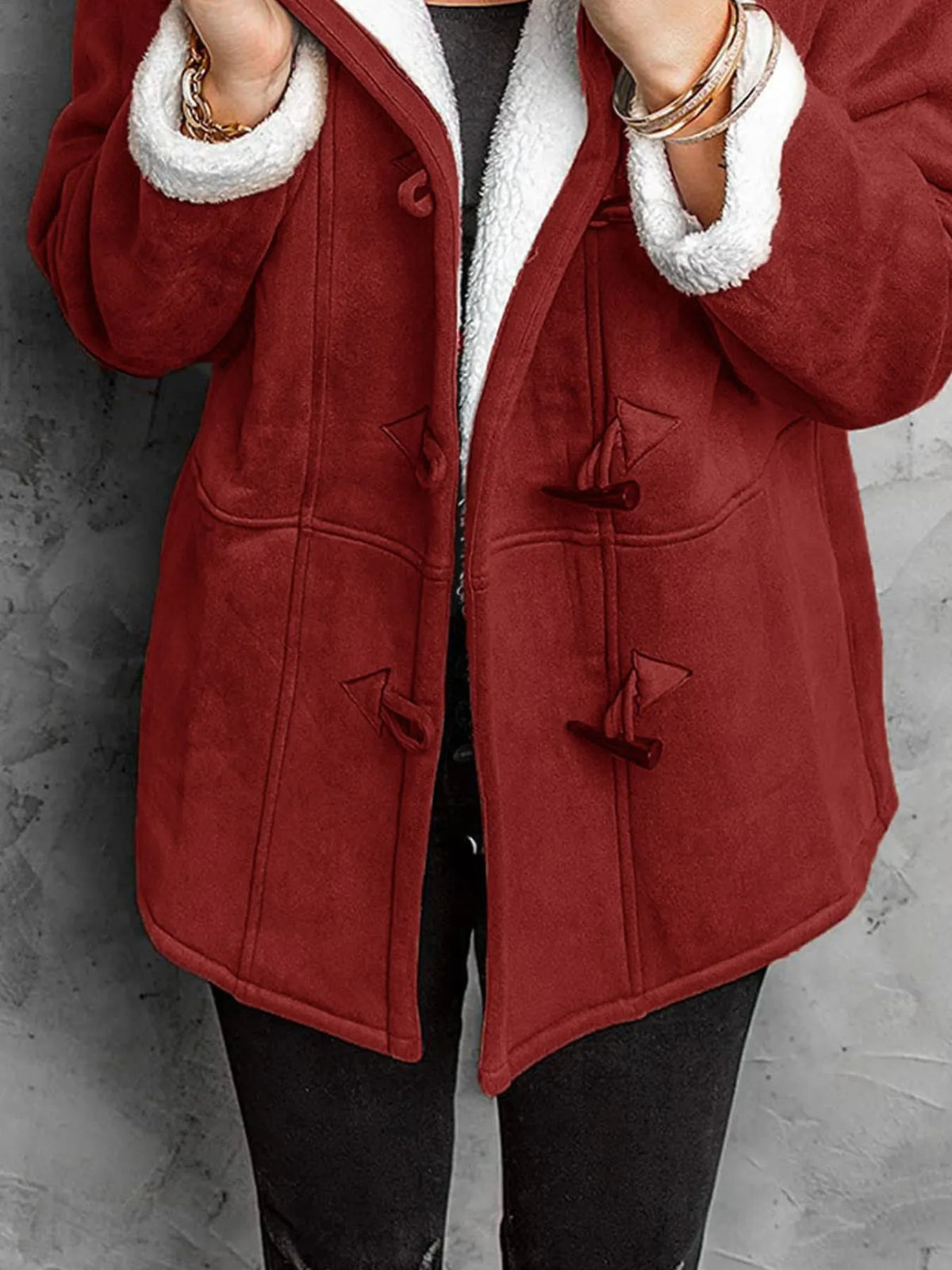 Full Size Cozy Sherpa Lined Toggle Coat with Hood Plus Size, view 16