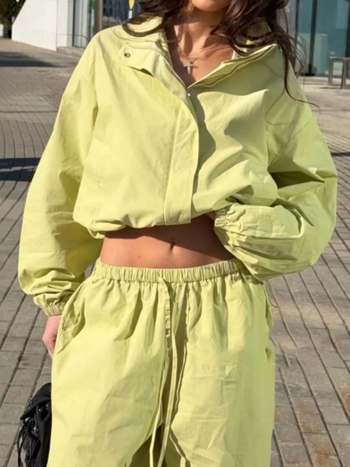 Drawstring Hem Crop Jacket and Wide-Leg Pant Set in Green