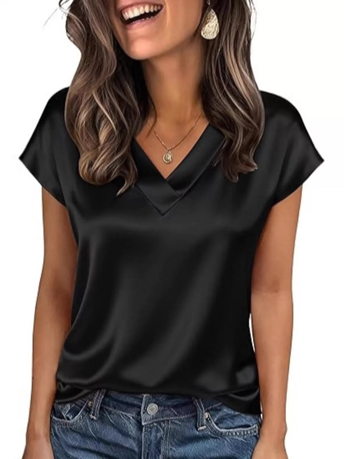 Satin V-Neck Short Sleeve Blouse - Lilixa.store