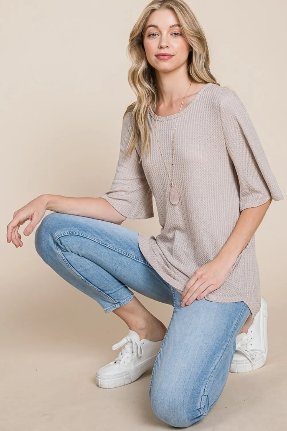 BOMBOM Round Neck Waffle Knit T-Shirt - Lilixa.store