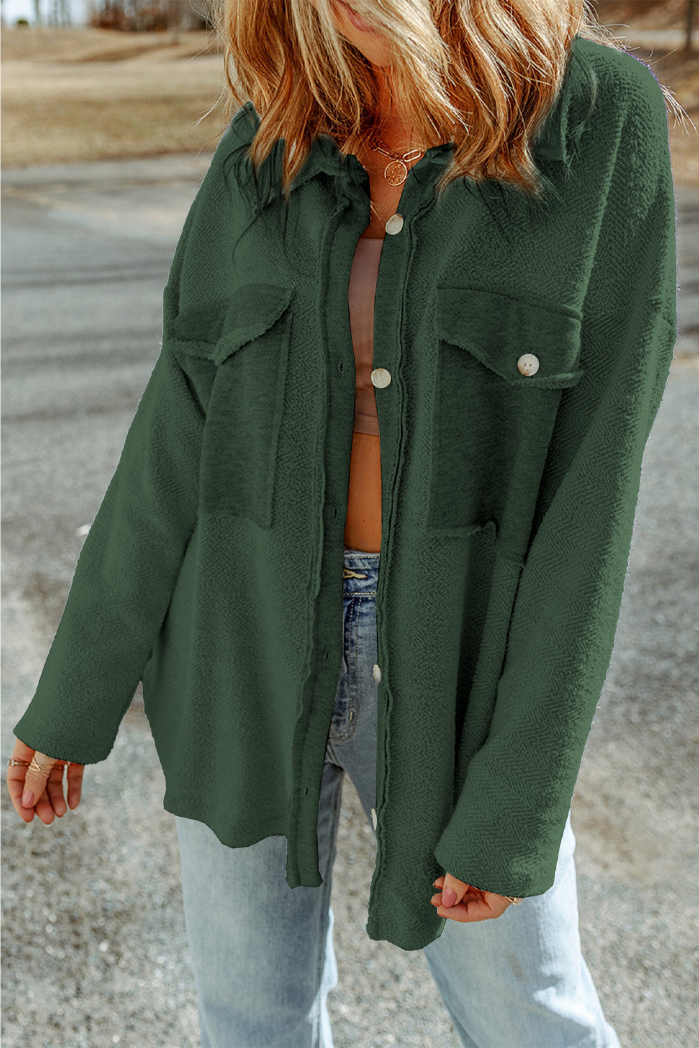 Button Down Long Sleeve Jacket in Green