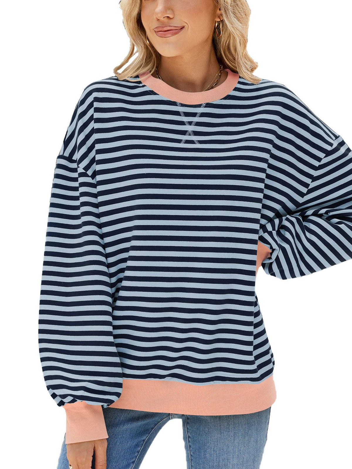 Striped Crew Neck Long Sleeve Sweatshirt - Lilixa.store