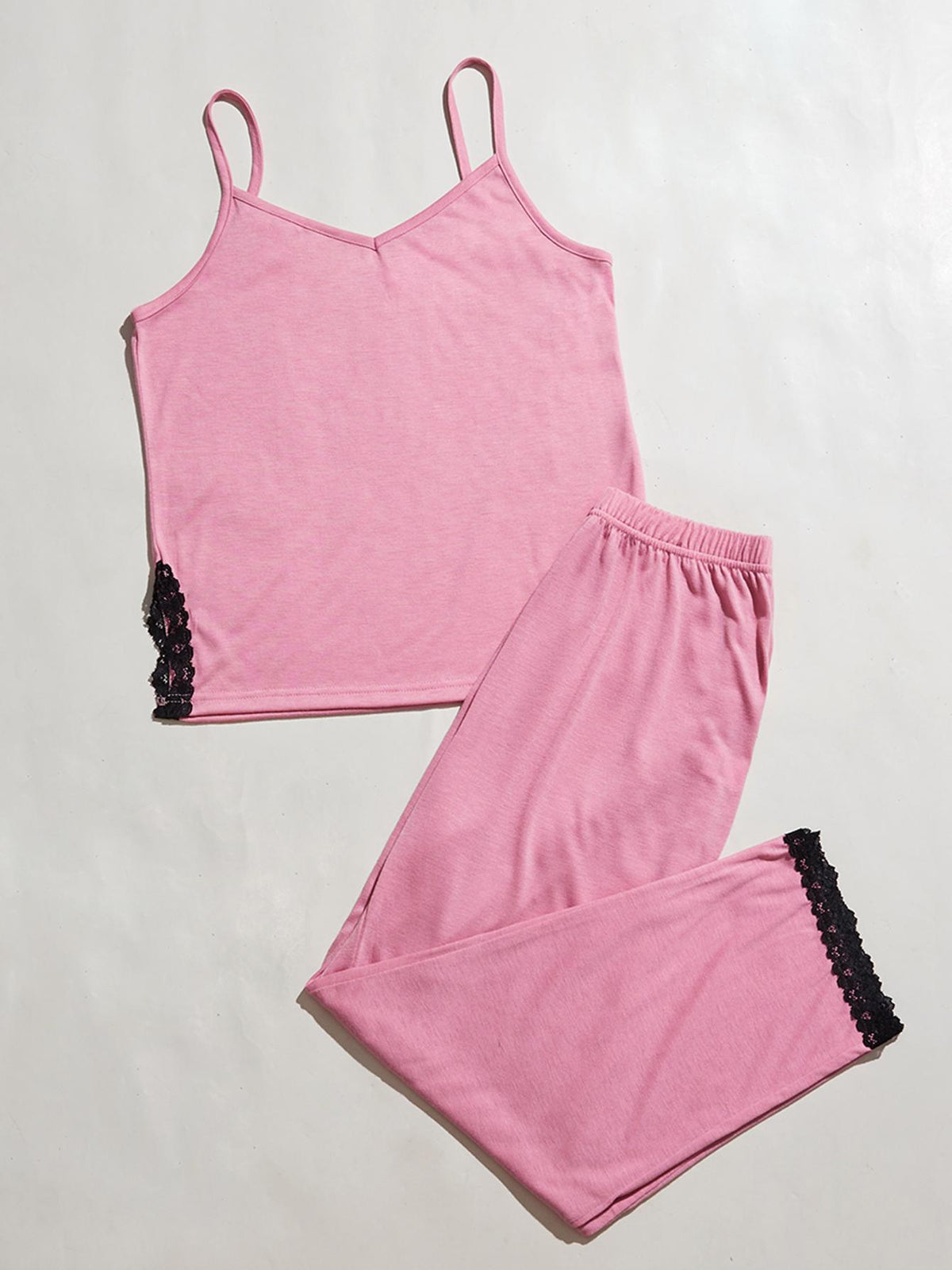V-Neck Lace Trim Slit Cami and Pants Pajama Set - Lilixa.store