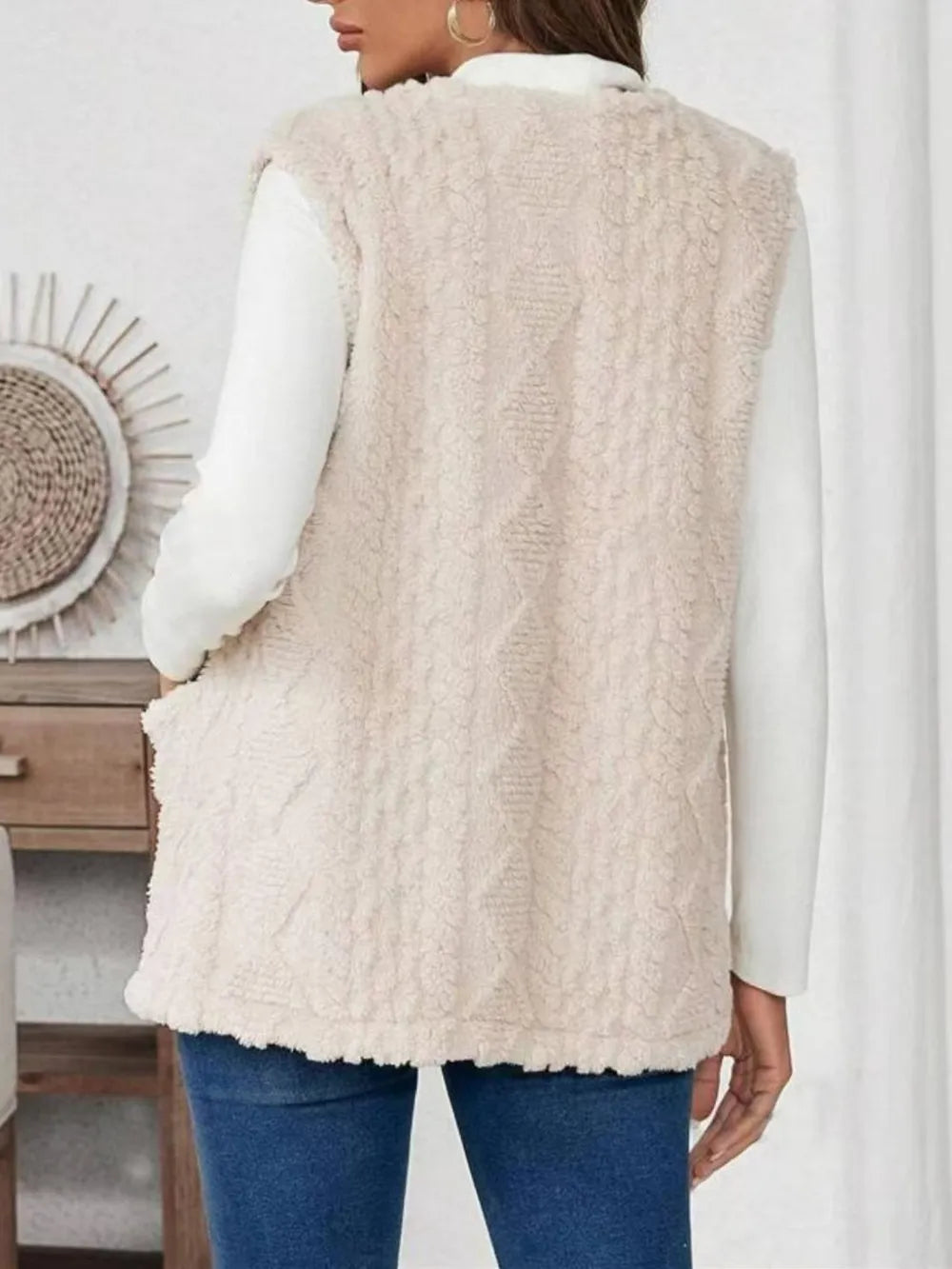 Fuzzy Open Front Vest with Pockets in Dust Storm, view 2