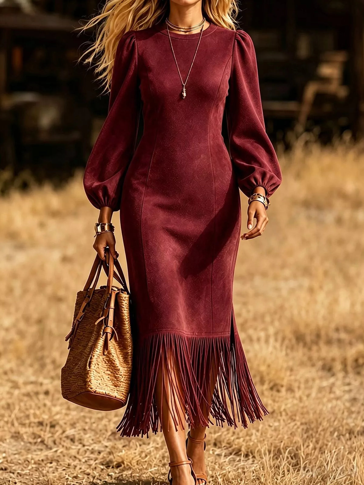 Fringe Balloon Sleeve Midi Dress
