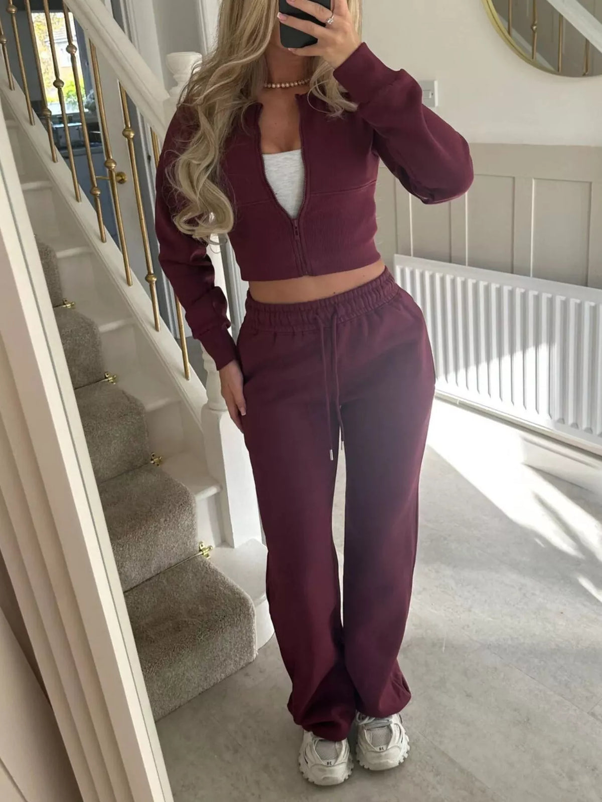 Zip-Up Crop Hoodie and High-Waisted Pants Set - Lilixa.store