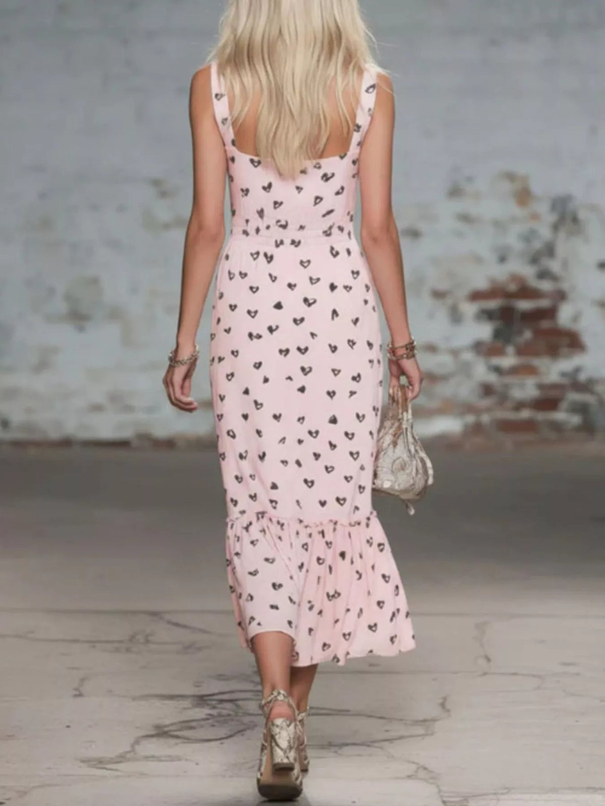 Heart-Print Cowl Neck Midi Dress - Lilixa.store