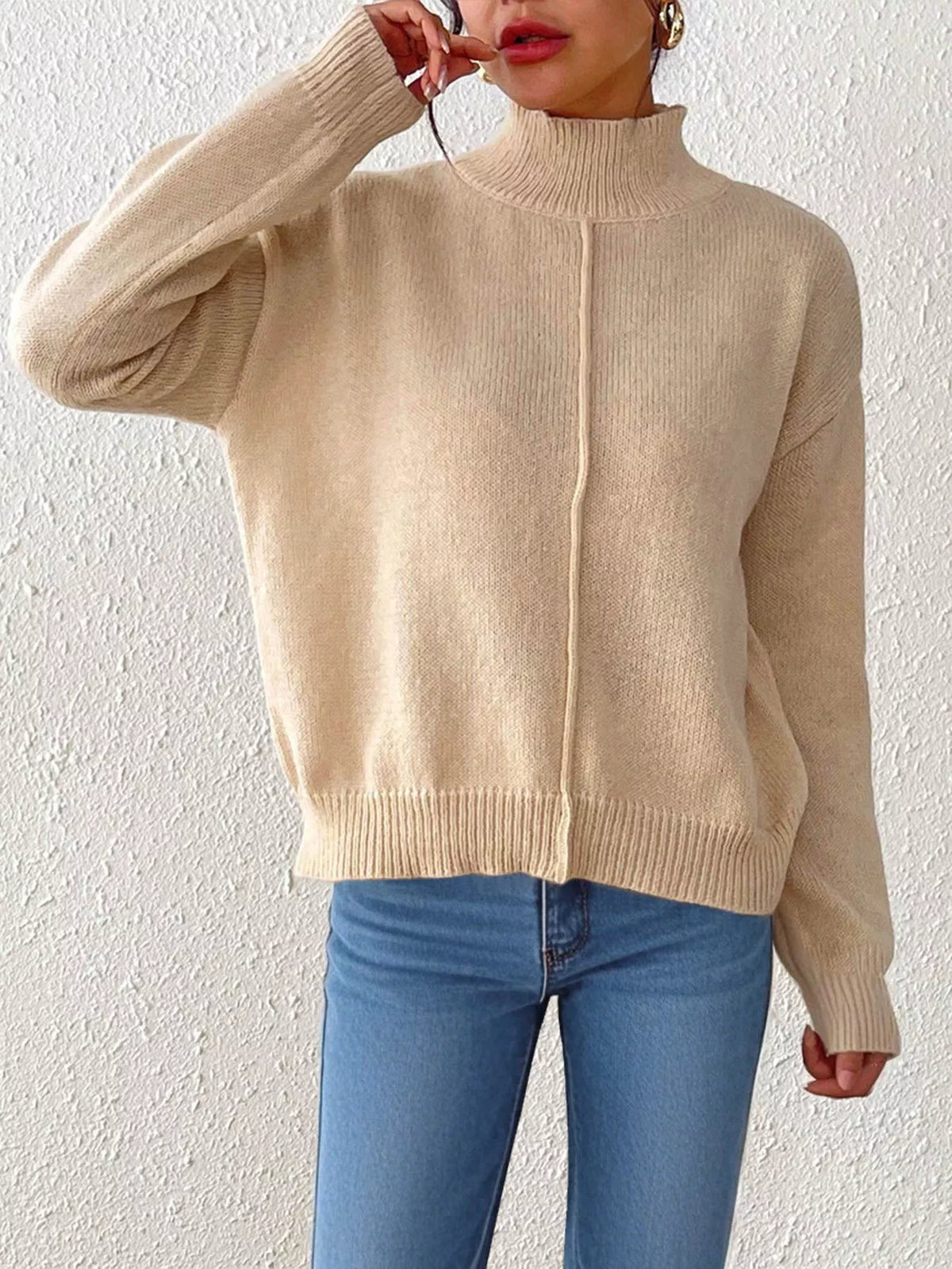Center Seam Detail Turtleneck Sweater - Lilixa.store