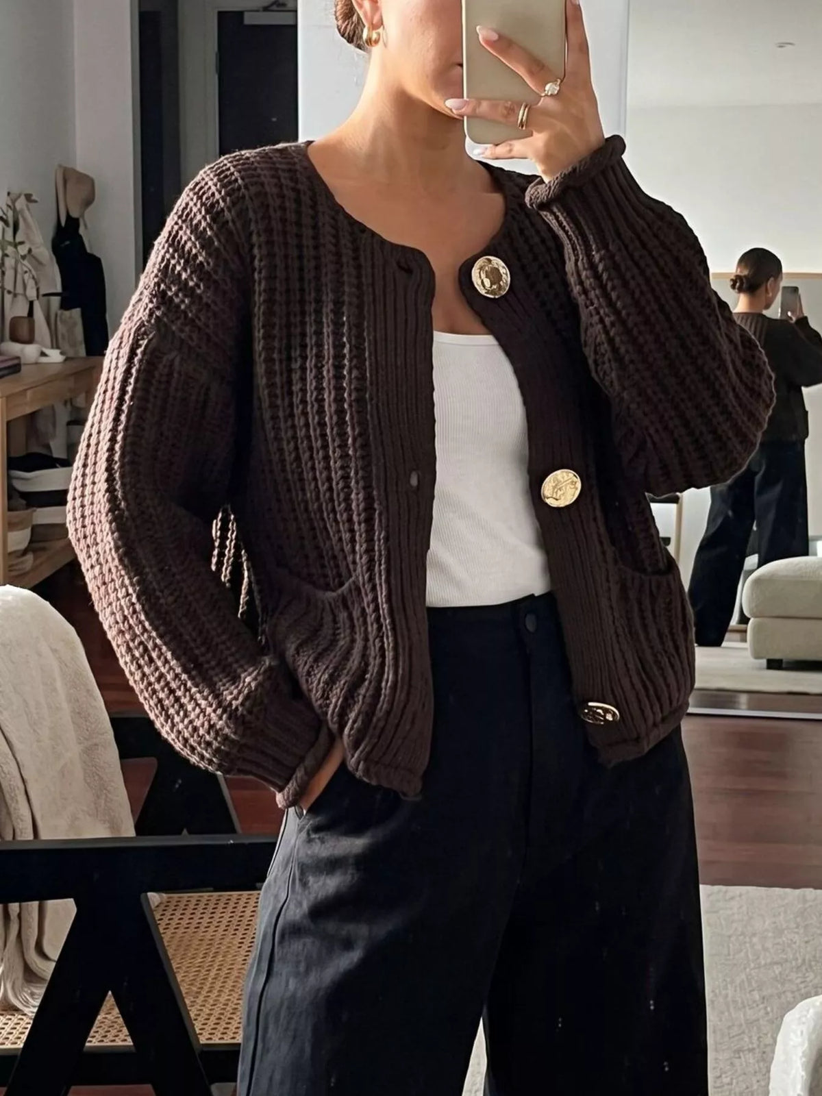 Ribbed Knit Cardigan with Gold-Tone Buttons, view 8