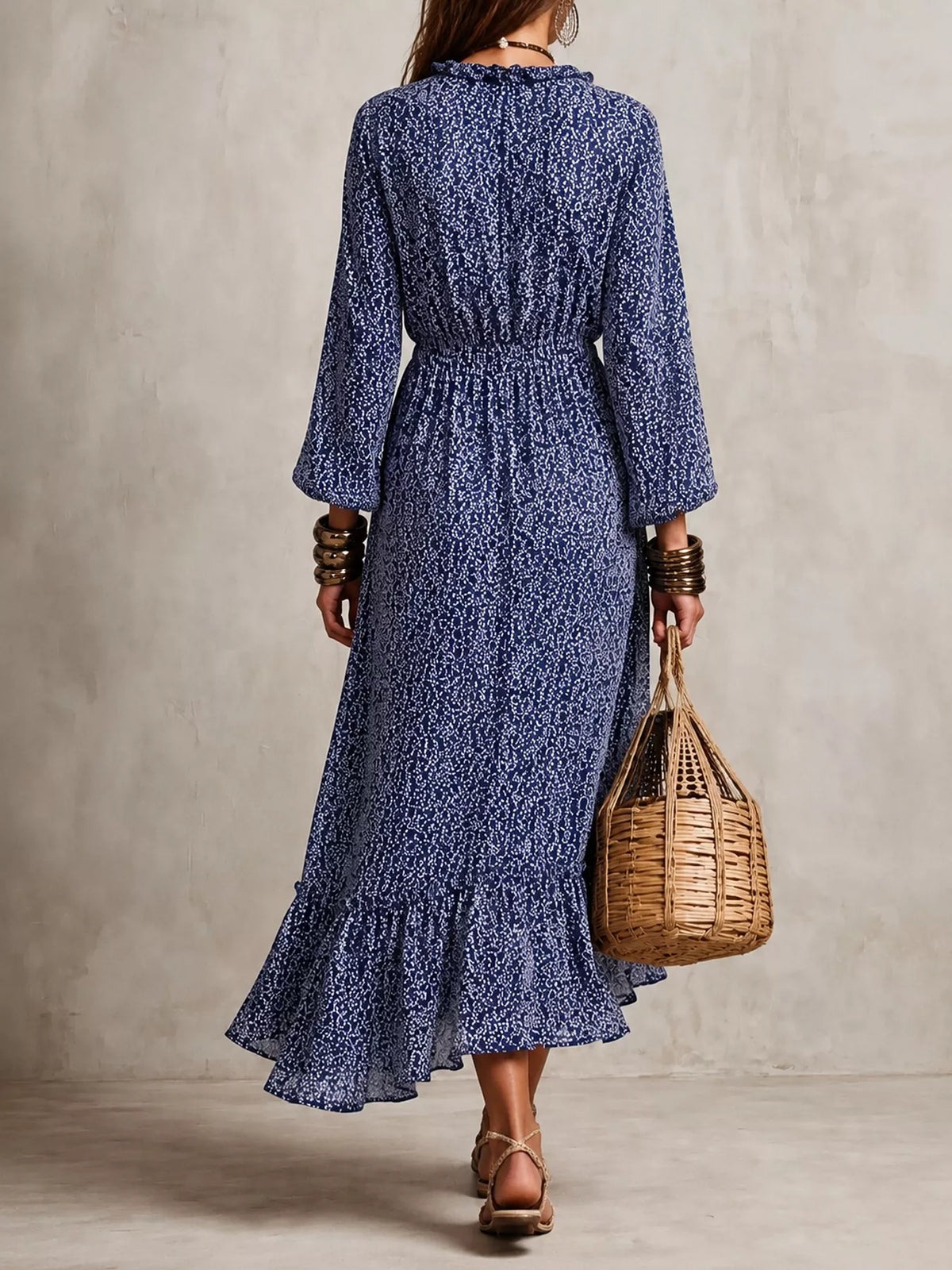 Floral Print Long-Sleeve Ruffle Hem Midi Dress