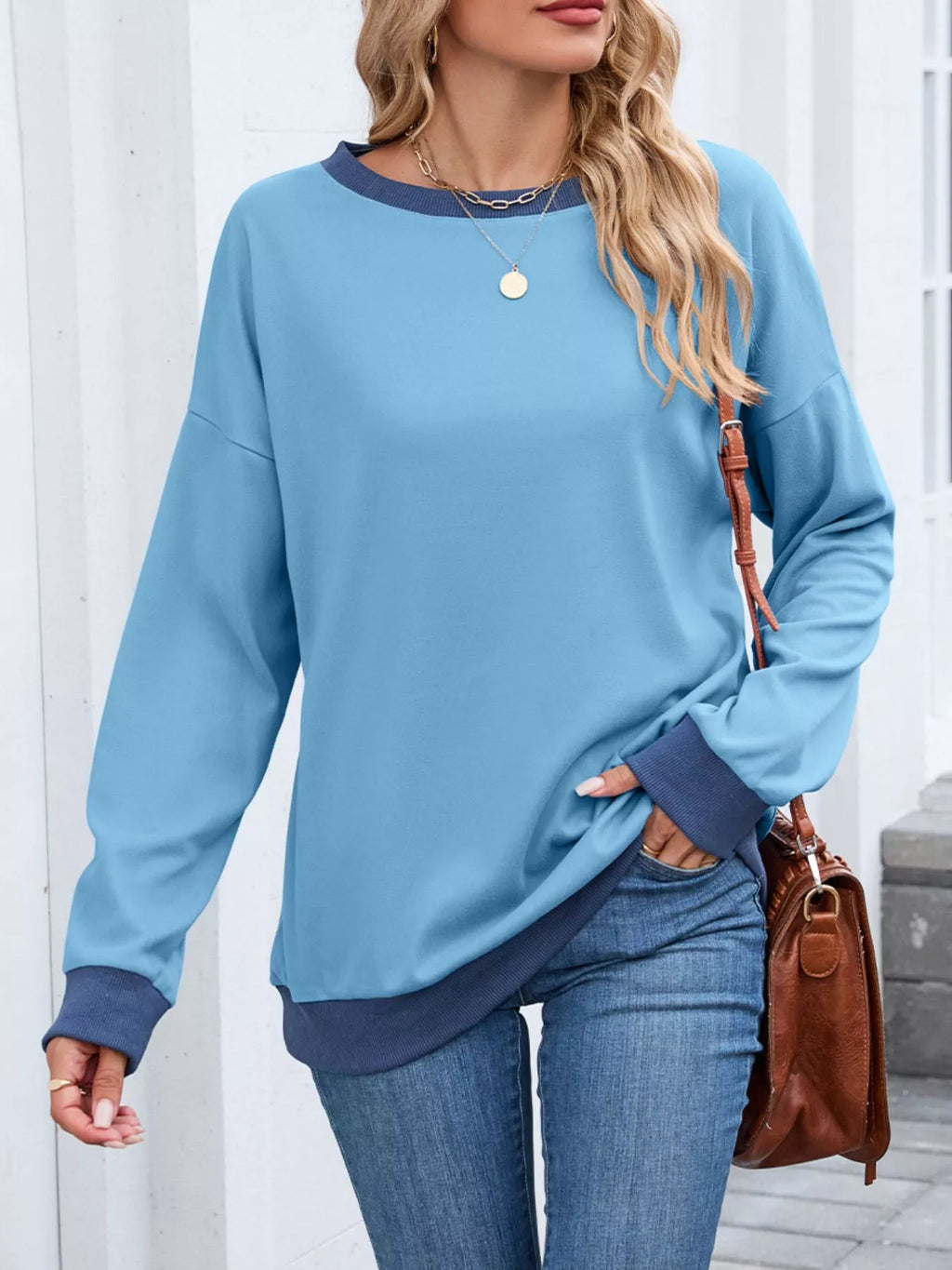Contrast Trim Long Sleeve Sweatshirt - Lilixa.store