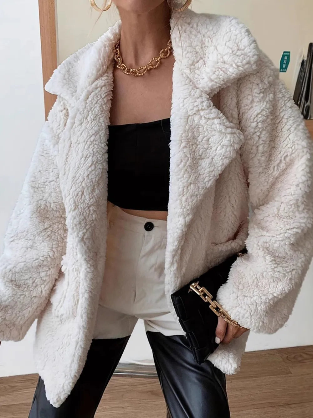 Fuzzy Open Front Long Sleeve Coat in Cream