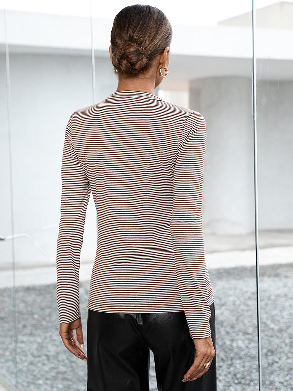 Ivy Lane Striped Buttoned V-Neck Long Sleeve Top, view 6