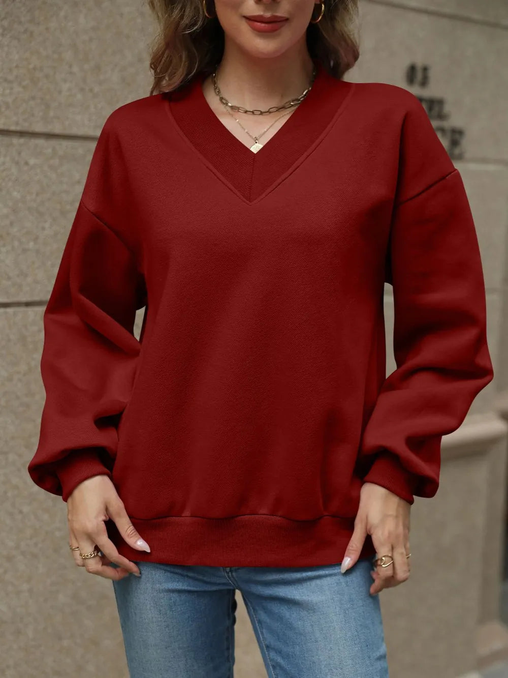 V-Neck Long Sleeve Dropped Shoulder Sweatshirt - Lilixa.store