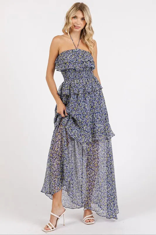 Mittoshop Ruffled Smocked Floral Halter Neck Maxi Dress - Lilixa.store