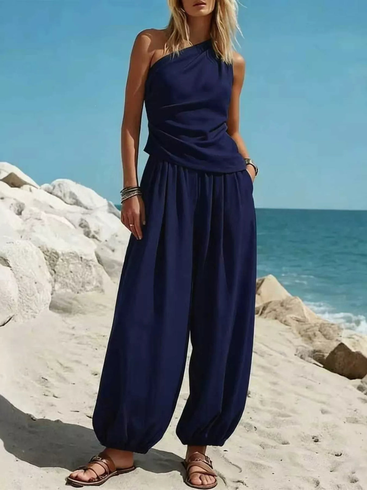 Full Size One-Shoulder Sleeveless Top and Harem Pants Set Plus Size - Lilixa.store