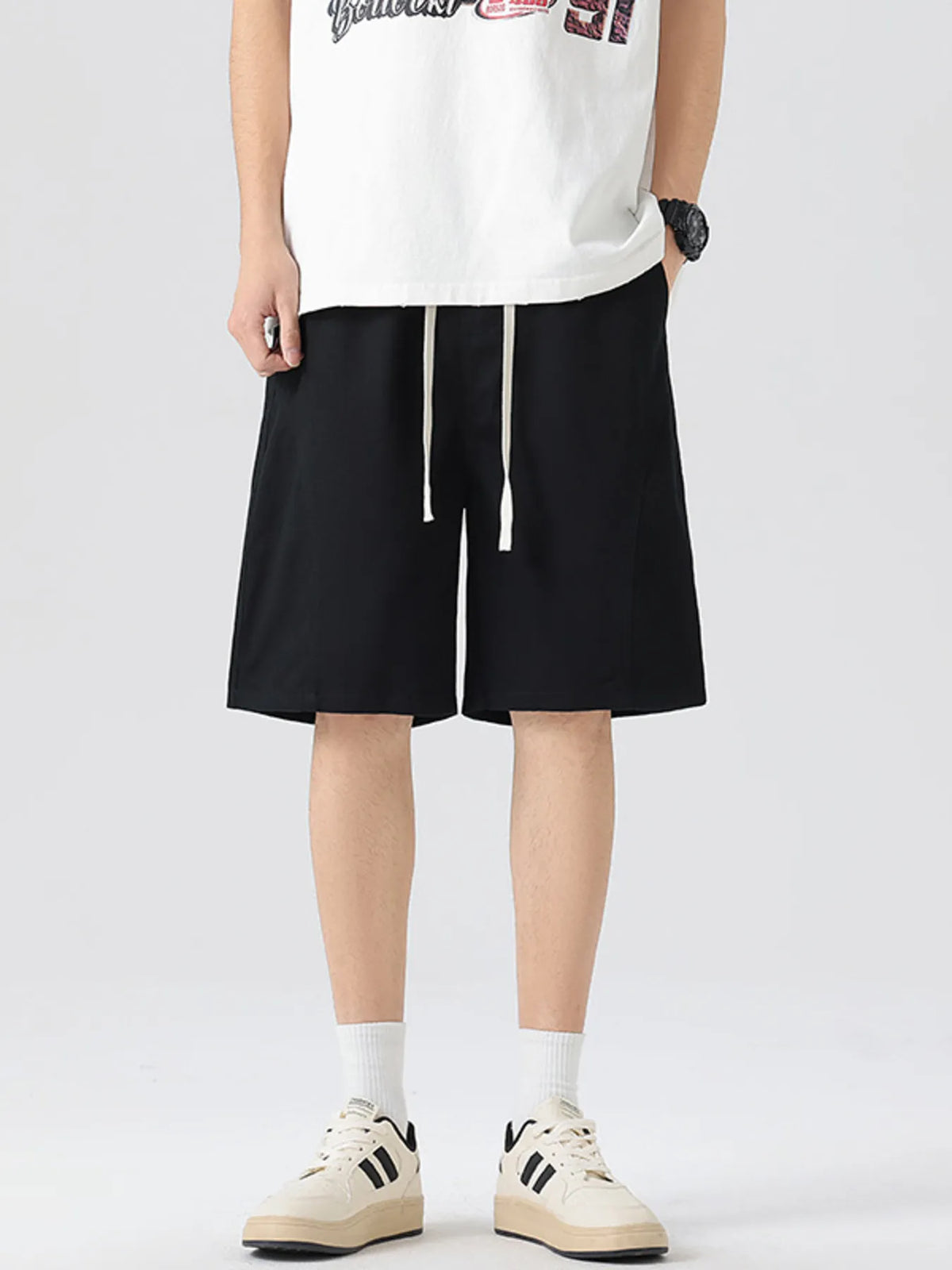 Men's Full Size Casual Loose-Fit Drawstring Shorts Plus Size in Black
