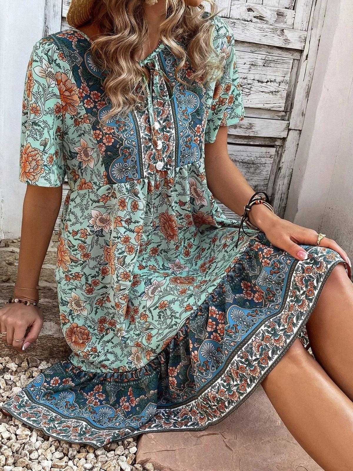 Floral Print Tie-Neck Ruffle Hem Mini Dress, view 2