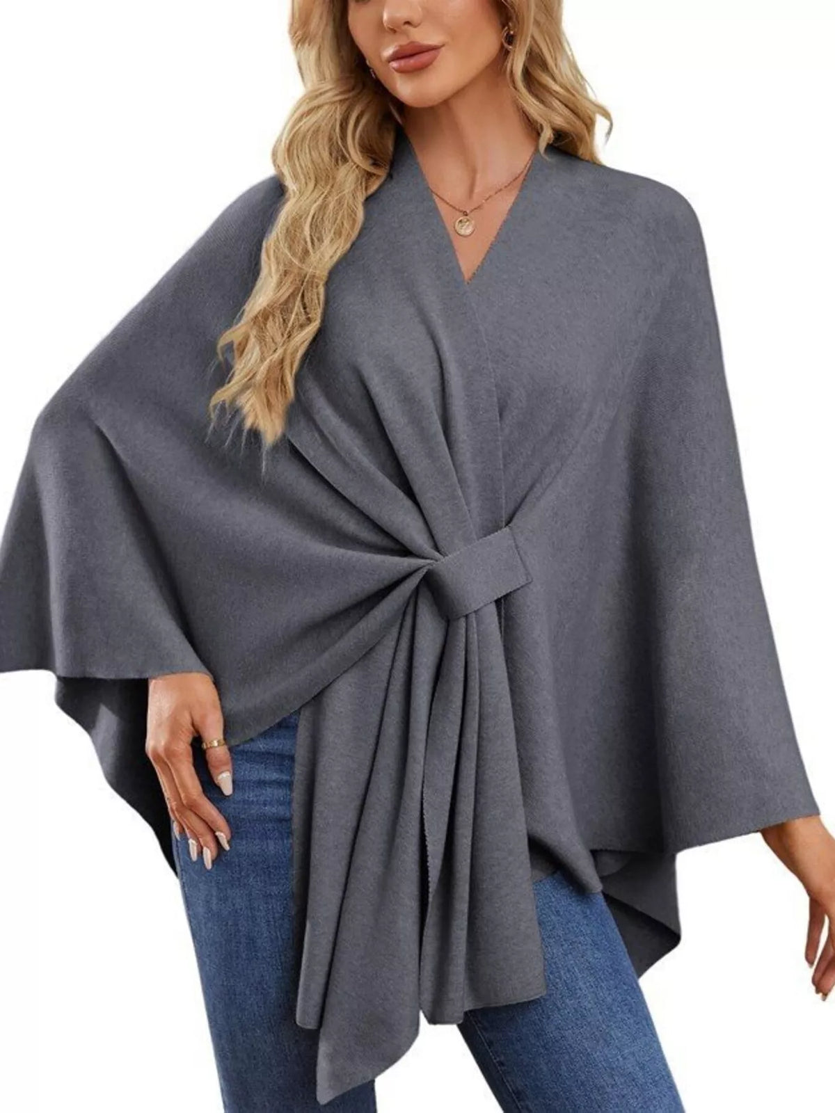 Solid Color Tie-Front Knit Cape Top in Dark Gray