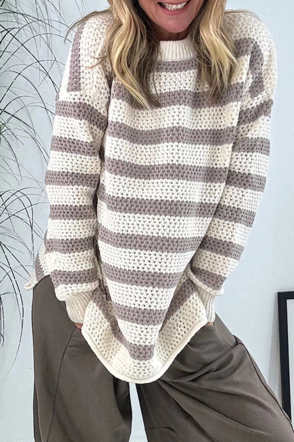 Striped Knit Dropped Shoulder Sweater - Lilixa.store