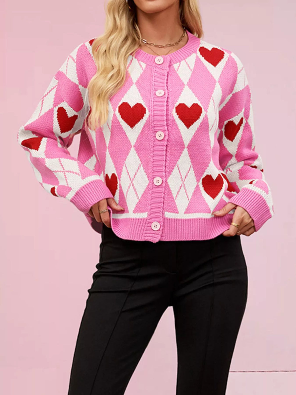 Argyle Heart Pattern Button-Up Knit Cardigan - Lilixa.store