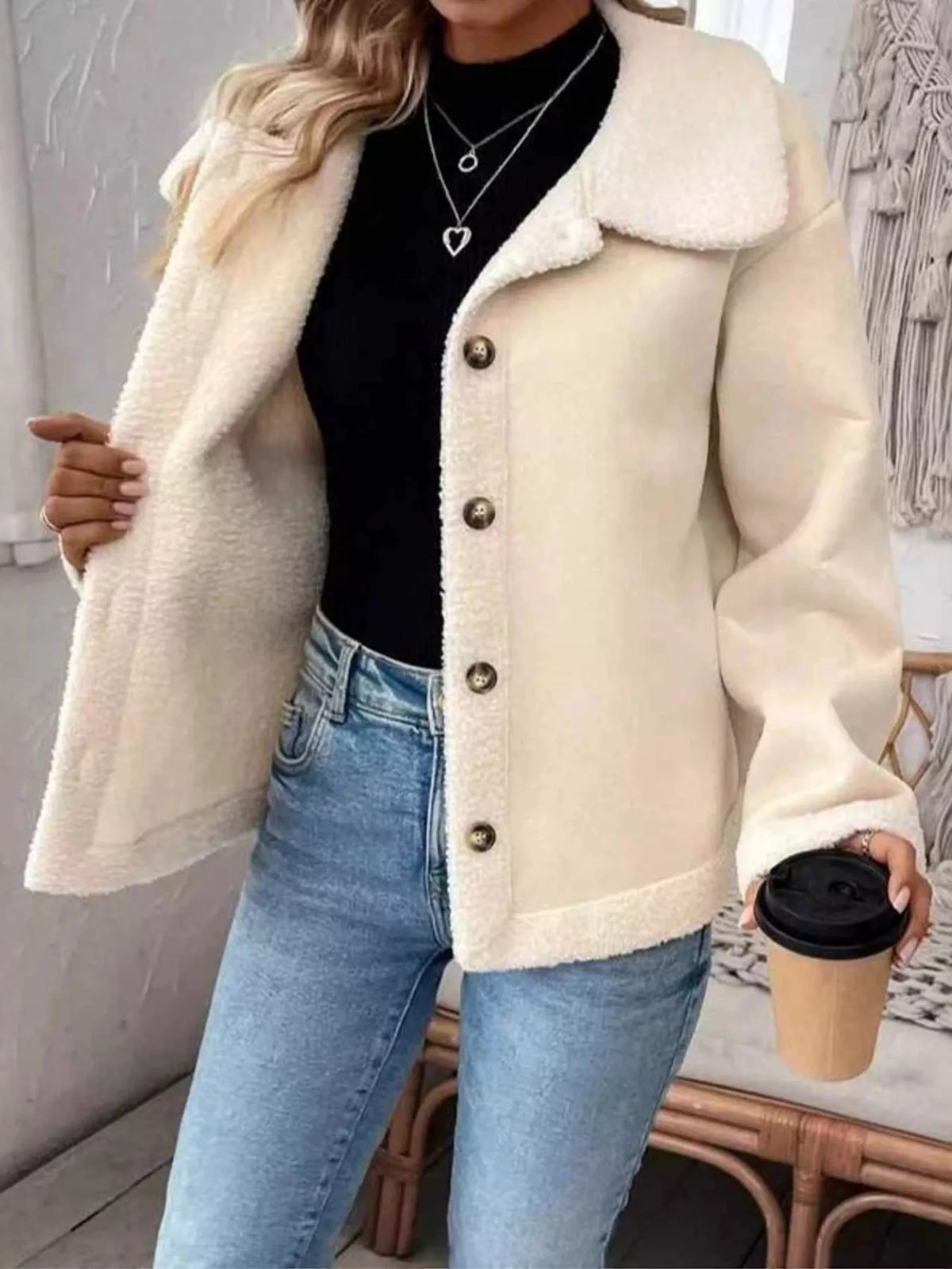 Plus Size Fleece Button-Down Outerwear in Apricot, view 3