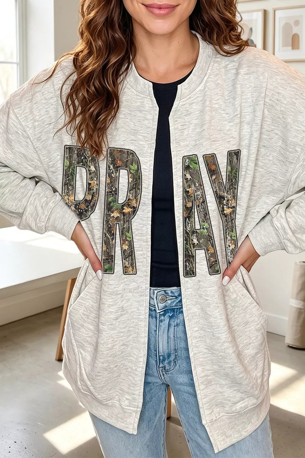 Camo Print PRAY Letter Open Front Tunic Sweatshirt - Lilixa.store
