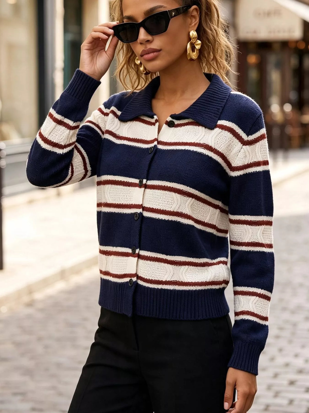 Vintage-Inspired Striped Knit Cardigan with Polo Collar, view 2