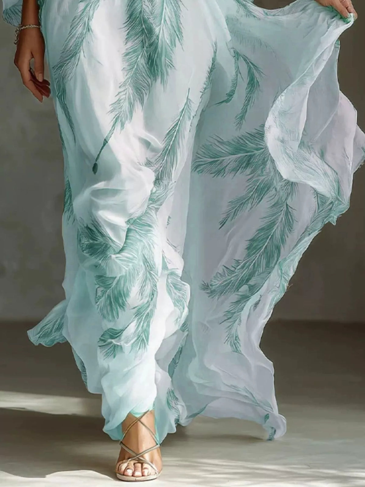Full Size Feather Print V-Neck Flowy Maxi Dress Plus Size - Lilixa.store