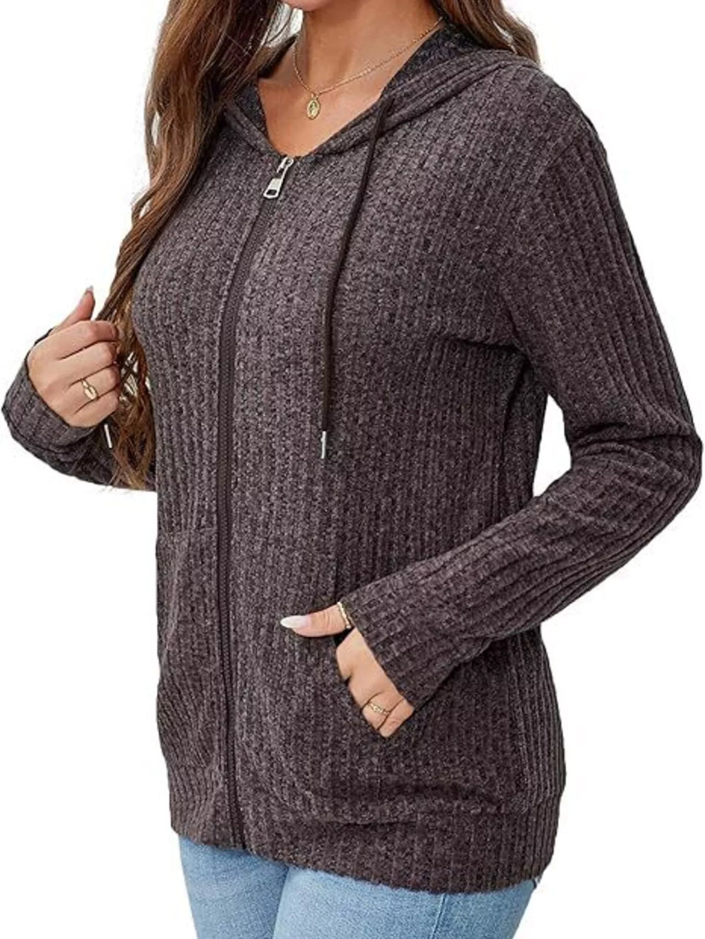 Ribbed Zip Up Hooded Outerwear - Lilixa.store