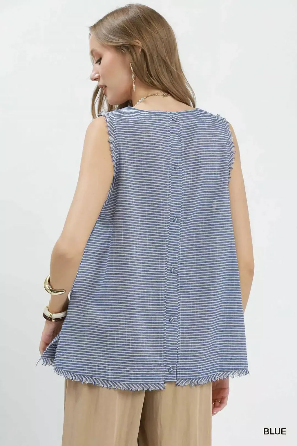 Umgee Stripe Fringe Trim Sleeveless Top - Lilixa.store