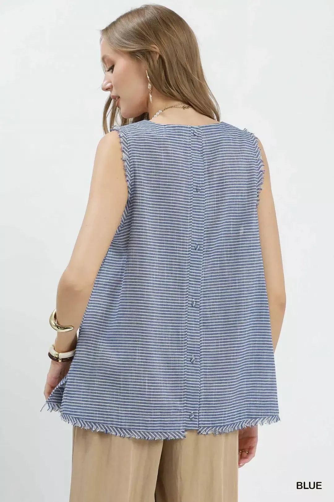 Umgee Stripe Fringe Trim Sleeveless Top - Lilixa.store