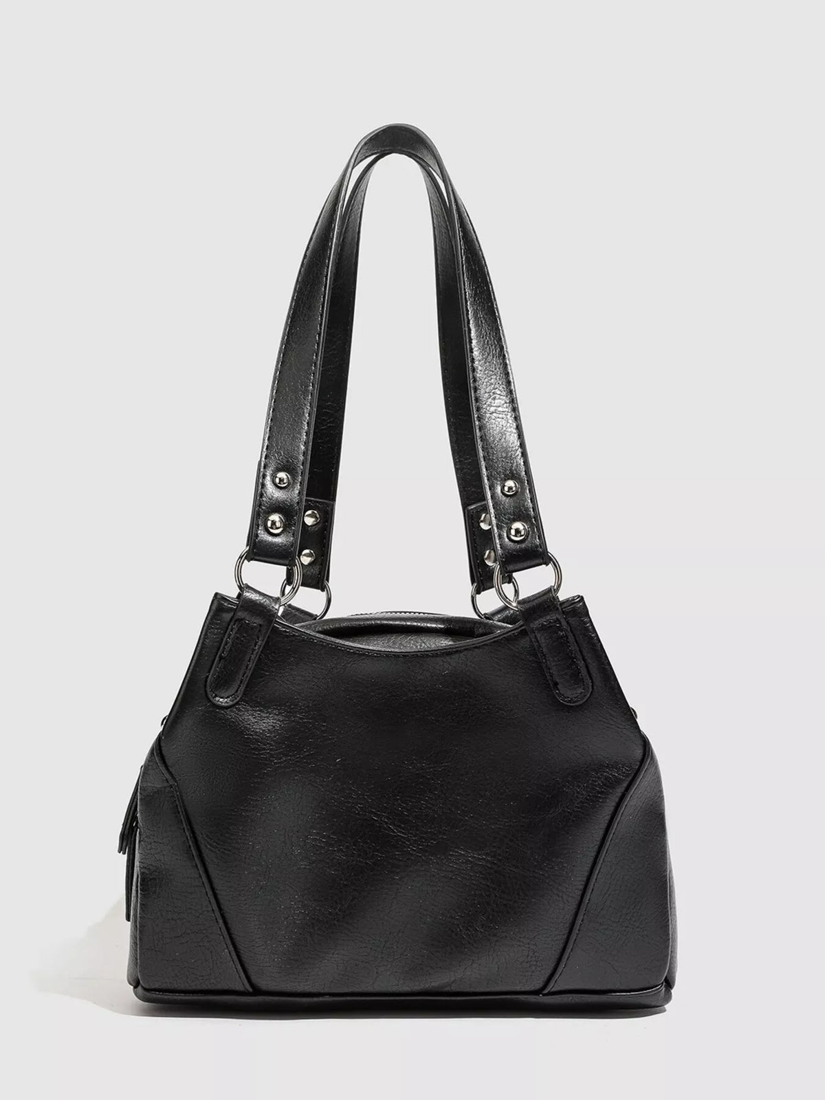 PU Leather Shoulder Bag with Woven Detail and Stud Accents in Black, view 3