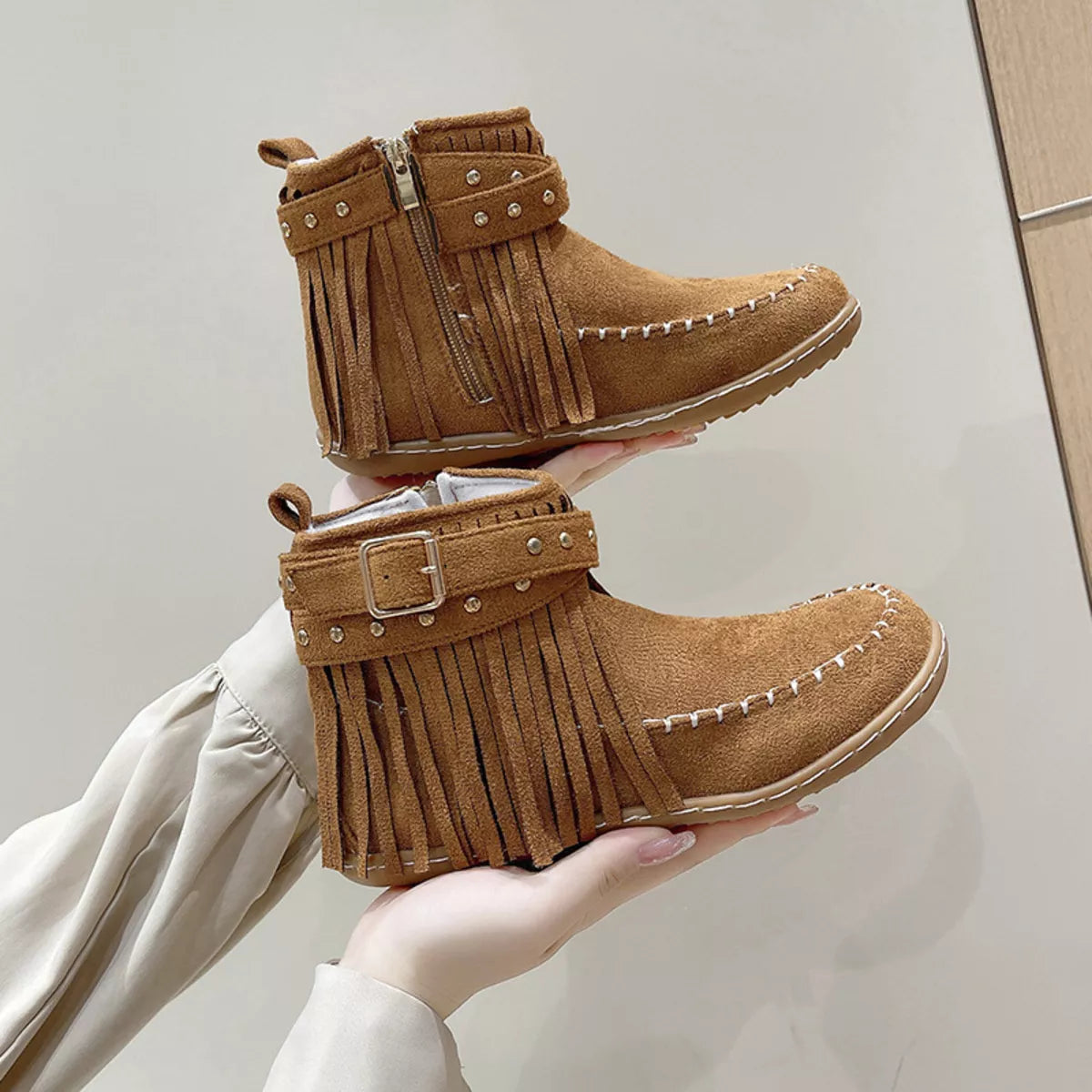 Fringe Round Toe Flats Boots - Lilixa.store