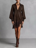 Fringed Lantern Sleeve Dress - Lilixa.store
