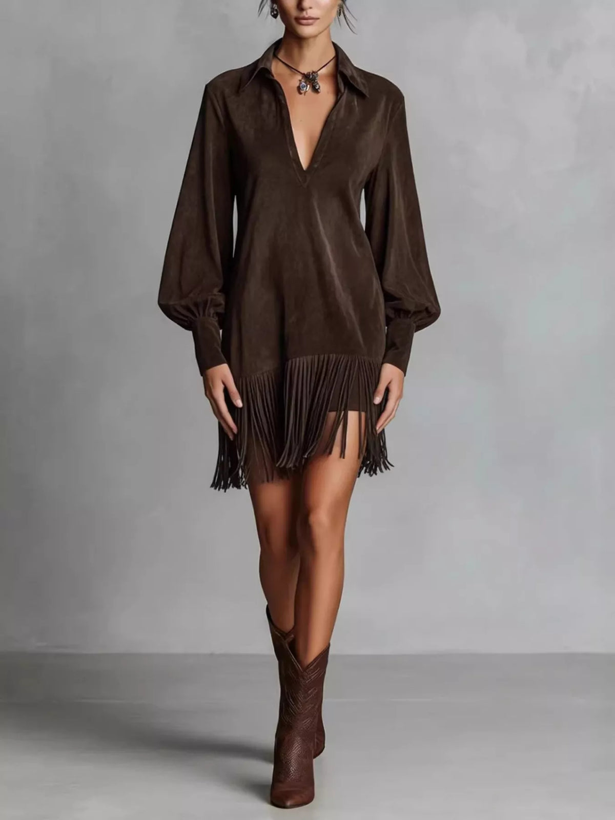 Fringed Lantern Sleeve Dress - Lilixa.store