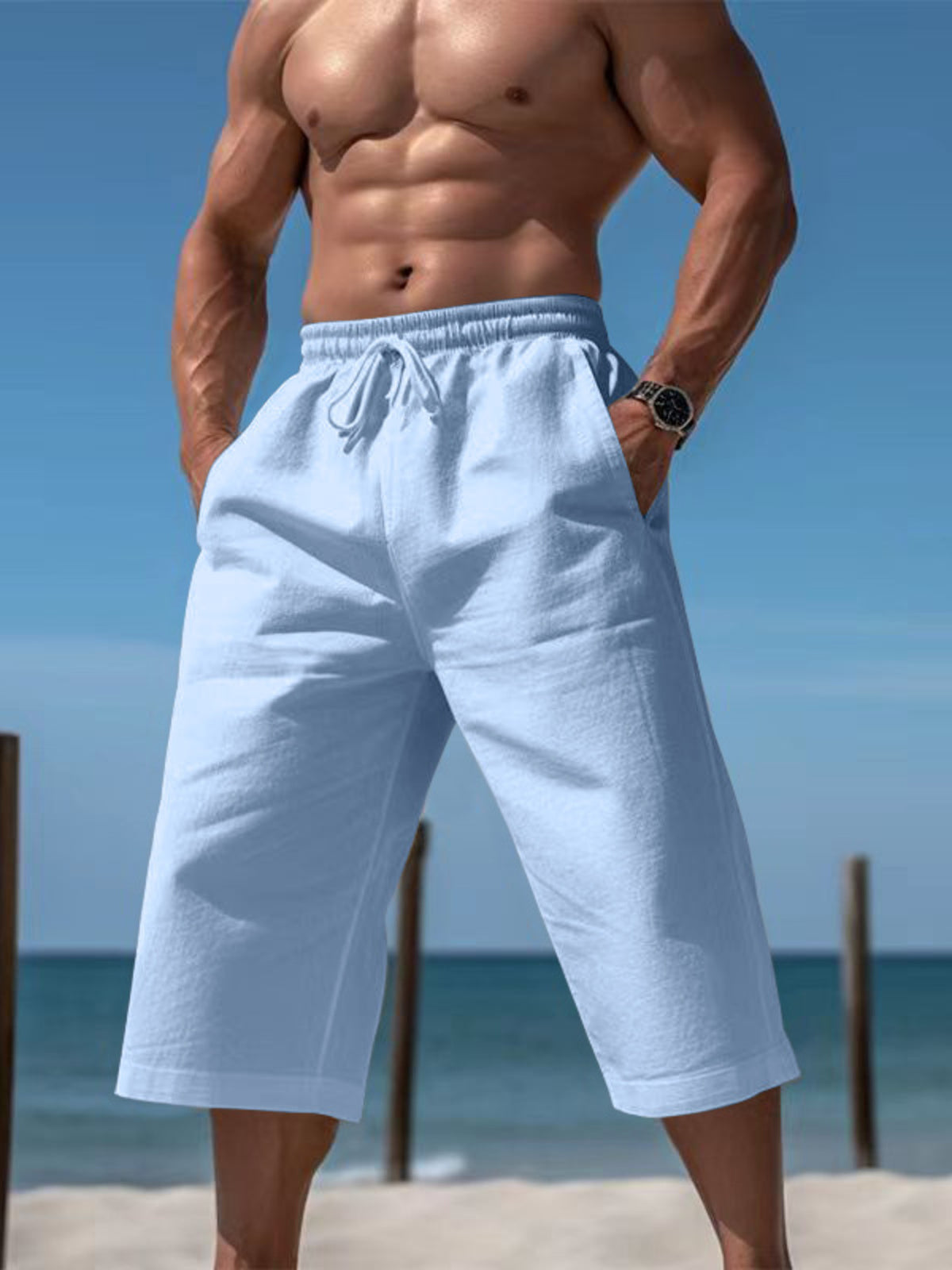 Men's Full Size Casual Drawstring Cropped Pants Plus Size in Light Blue