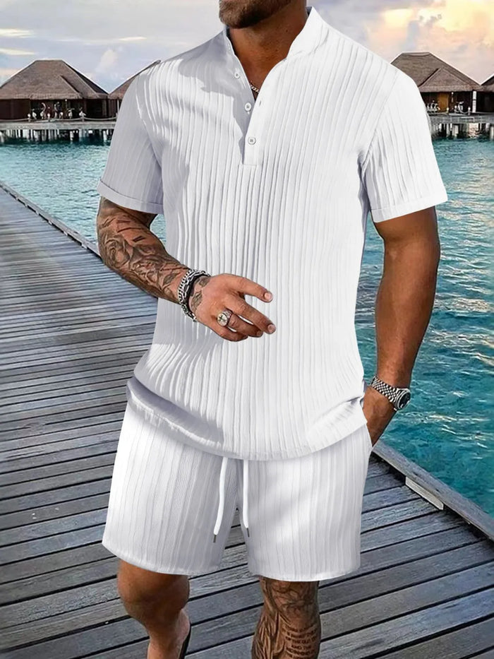 Men's Full Size Button Detail Short Sleeve Top and Shorts Set Plus Size in White