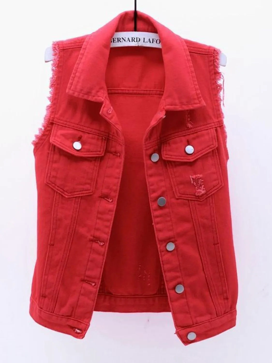 Full Size Sleeveless Frayed Denim Vest Jacket Plus Size, view 5
