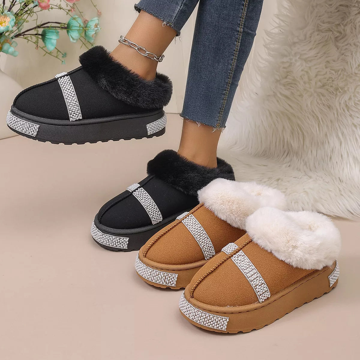 Rhinestone Embellished Faux Fur Lined Platform Boots - Lilixa.store