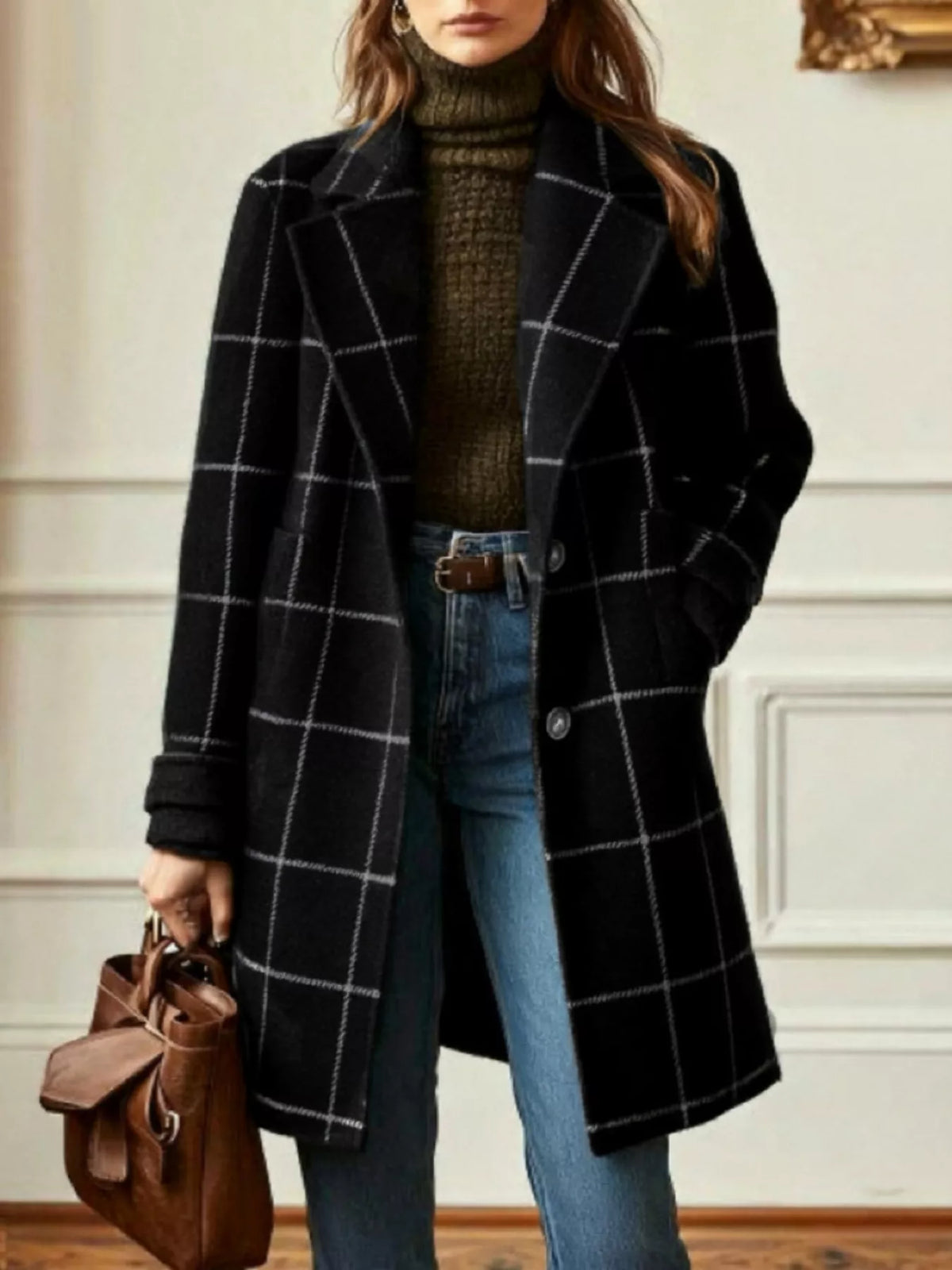 Full Size Plaid Lapel Collar Longline Single-Breasted Overcoat Plus Size